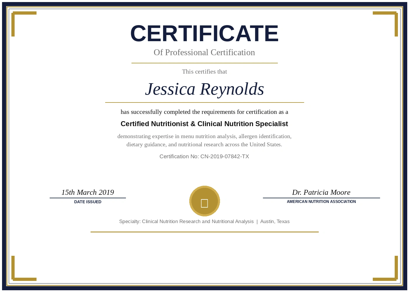 Jessica Reynolds Certified Nutritionist Certificate — American Nutrition Association