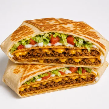 Taco Bell Triple Double Crunchwrap cut in half showing double layers of seasoned beef, nacho cheese sauce, and tostada shells